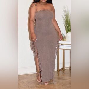 Strapless Fringe Midi Dress in Acid Wash Brown. Size Large